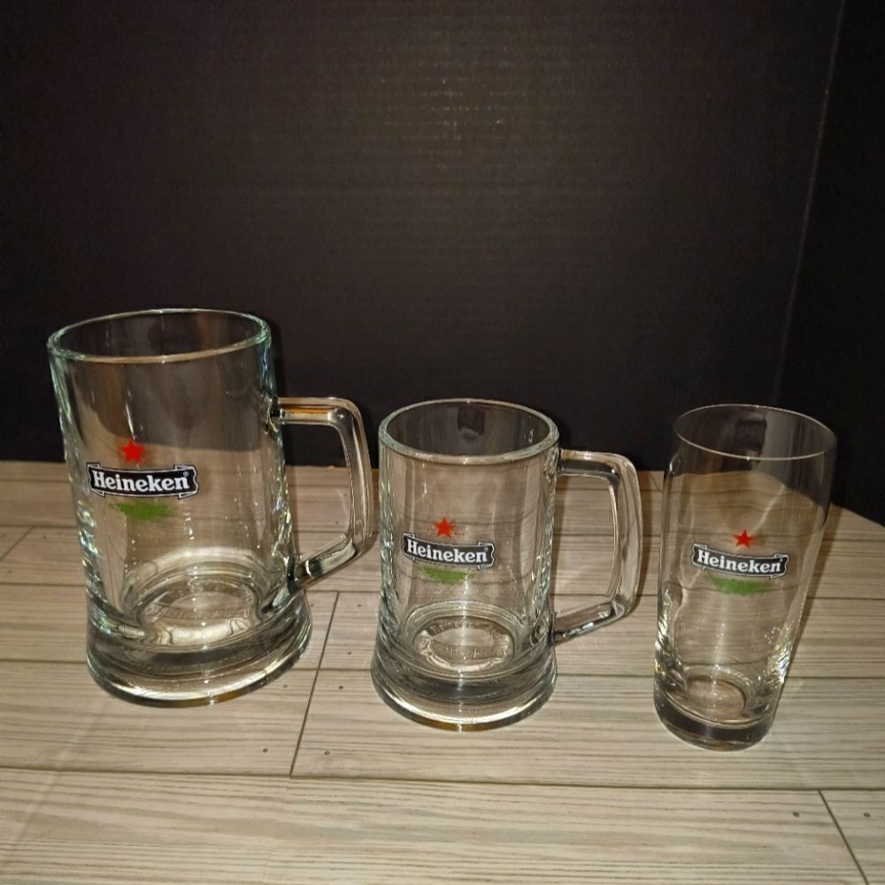 Vintage Collector's Heineken Beer Clear Glass Mug/Stein Set Of 3 Different Sizes